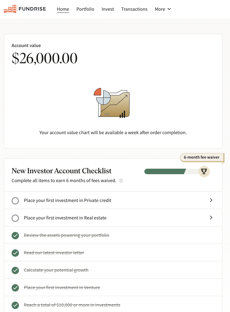 Fundrise new account checklist fee waiver