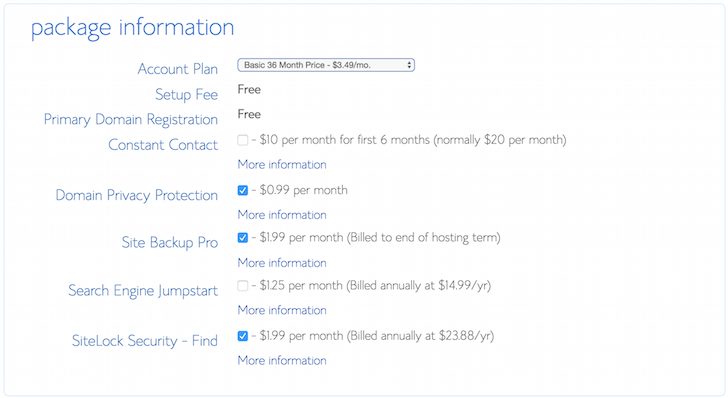 Bluehost.com Sign Up Options Package - How To Start A Blog