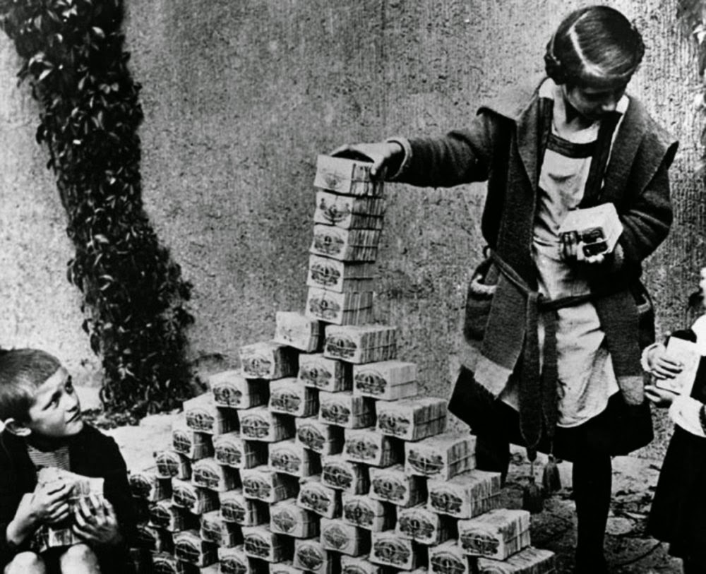Hyper-inflation post world war I, children playing with bricks of cash