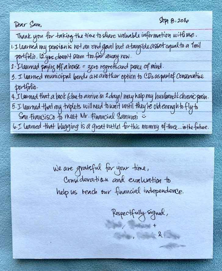 Financial Samurai thank you letter - what does early retirement feel like