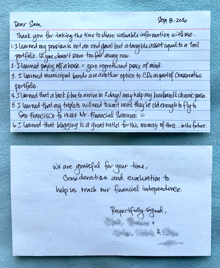 Financial Samurai thank you letter