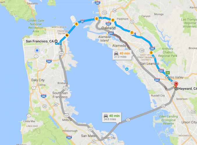 San Francisco to Hayward Map