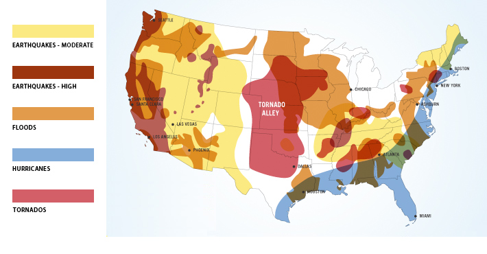 Map of high risk areas of the United States for natural disasters