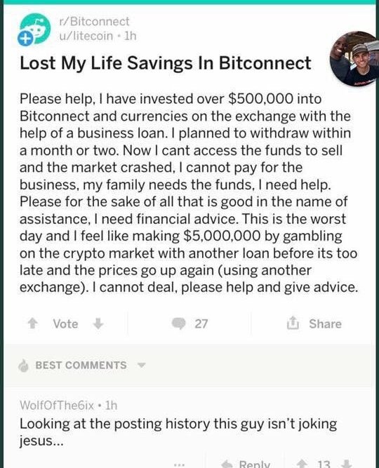 Lost life savings in Bitconnect