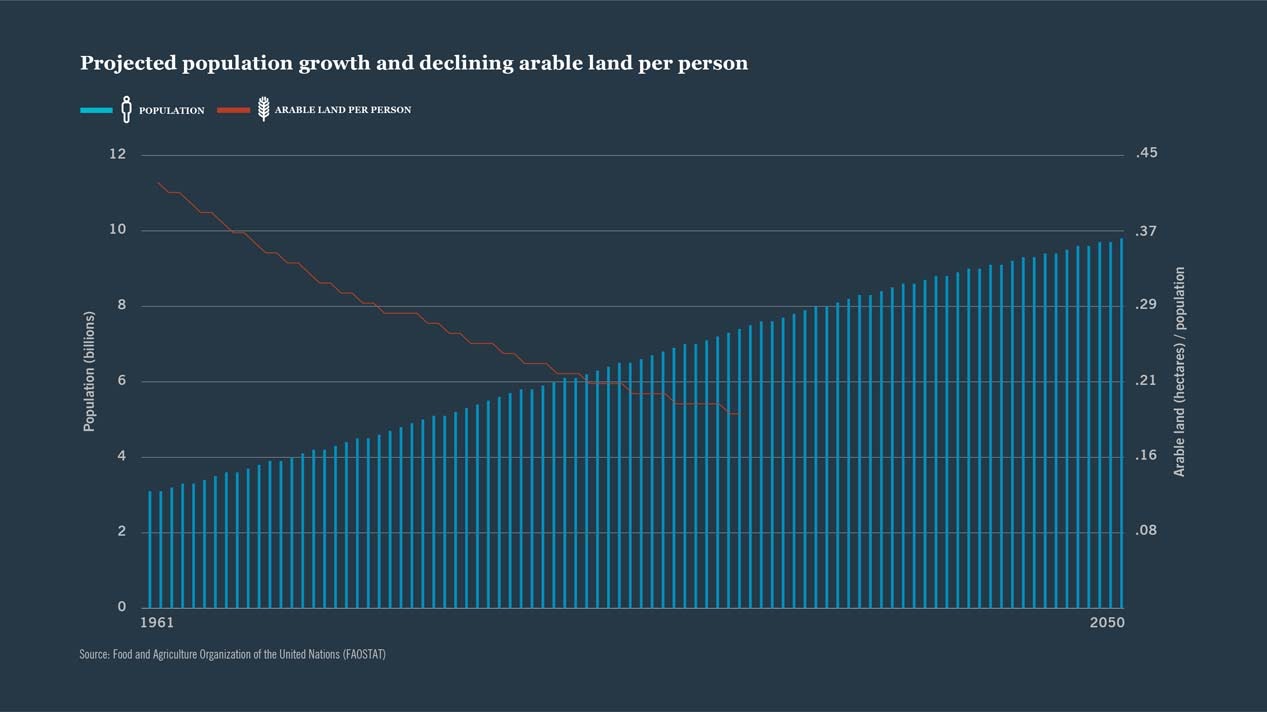 Farmland investing opportunity as population growth increases and arable land per person decreases