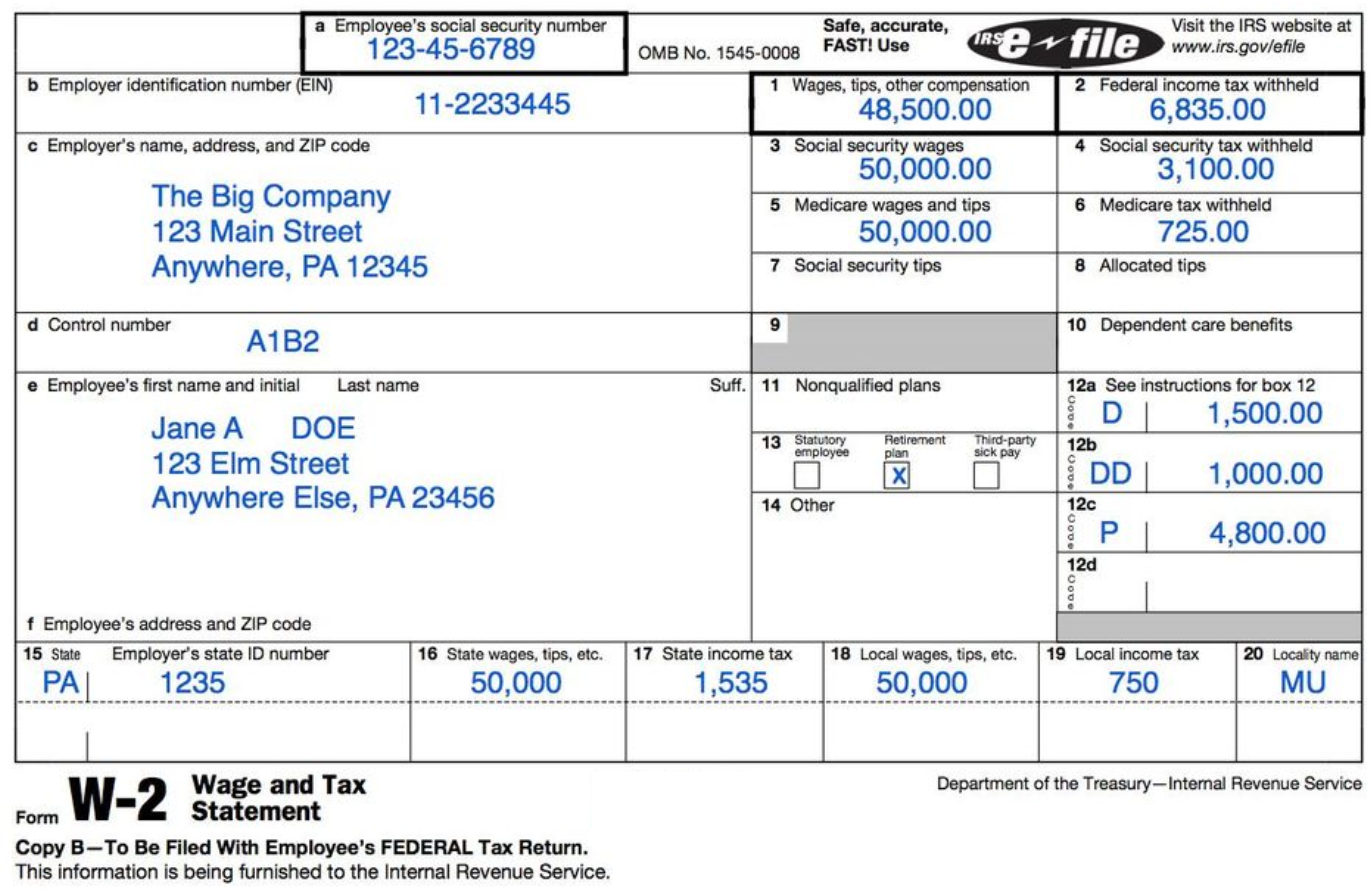 Wage and Tax Statement - Example of a W-2 form for Social Security and FICA tax