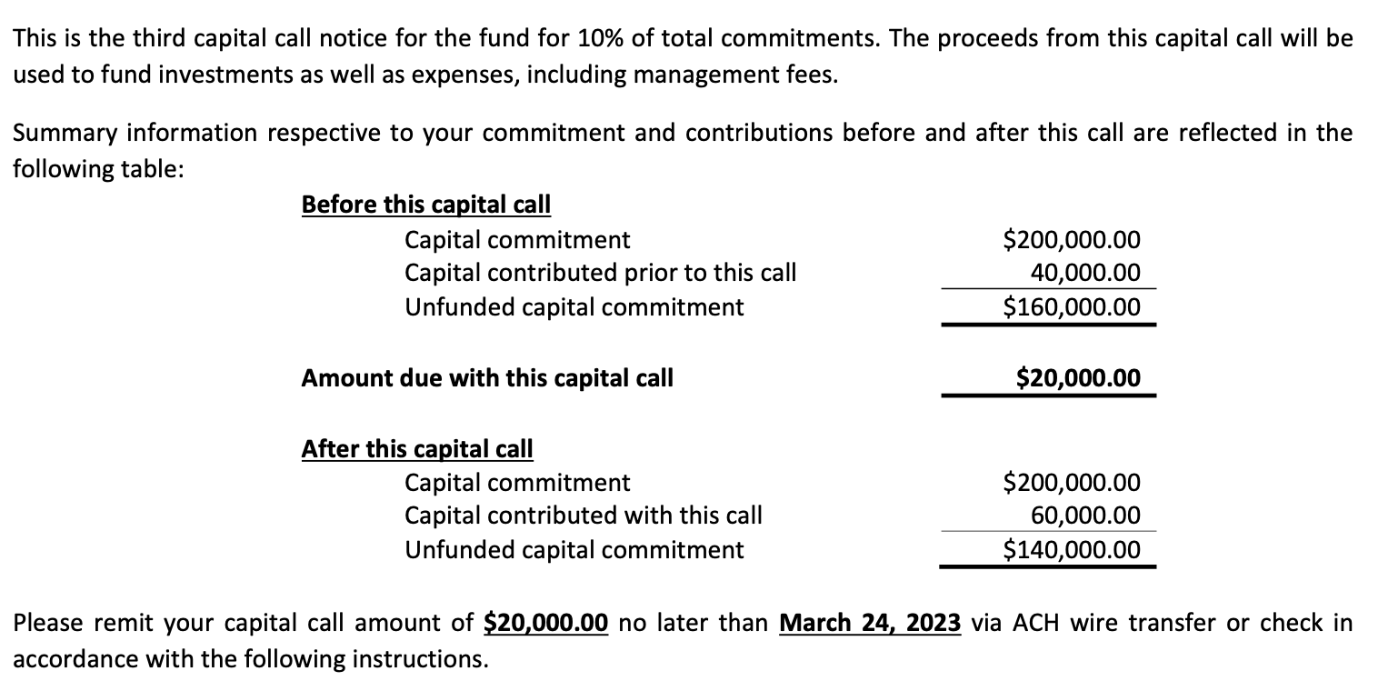 Capital Call for $20,000