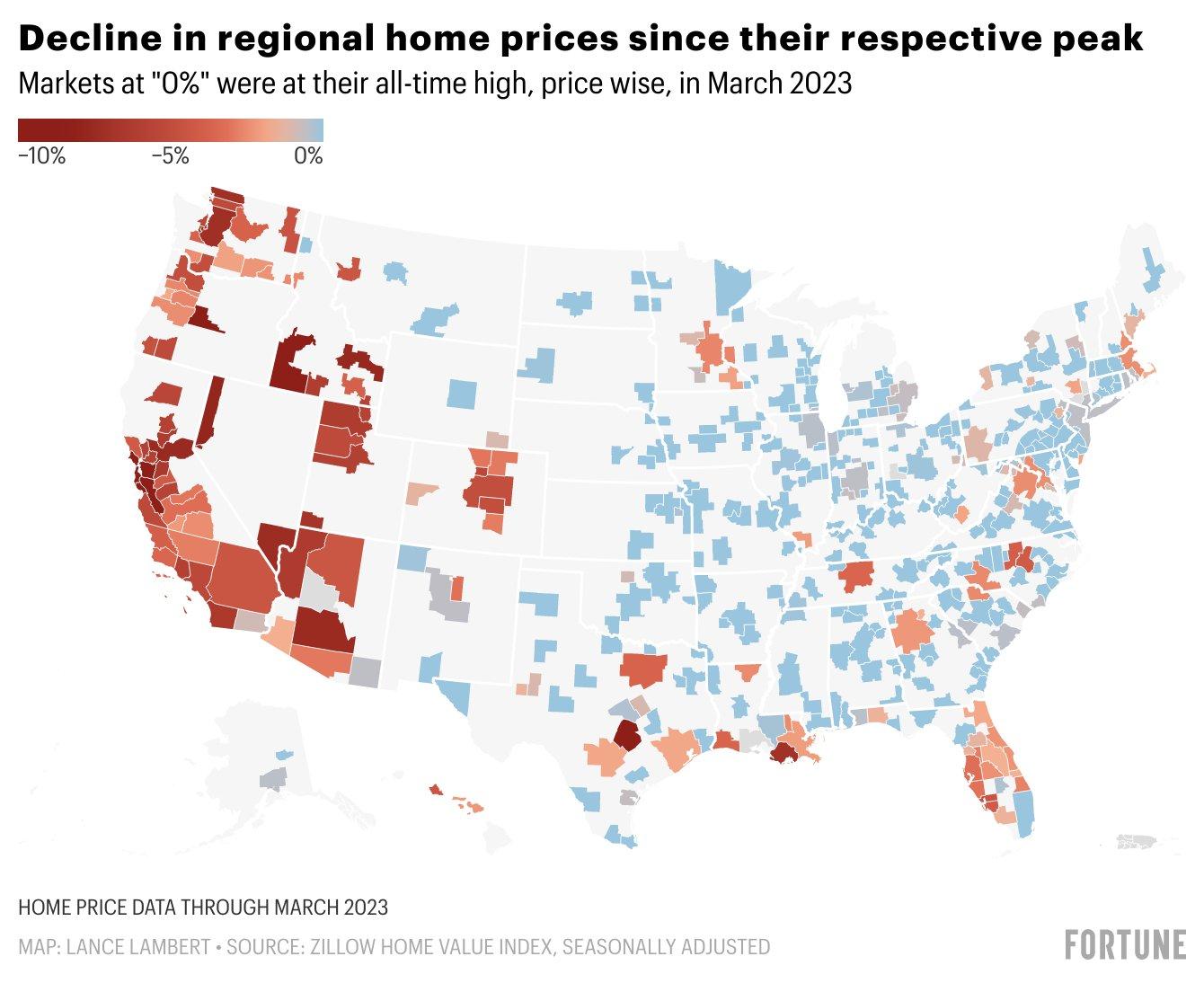 regional home price changes in America 2023 - Zillow Home Value Index