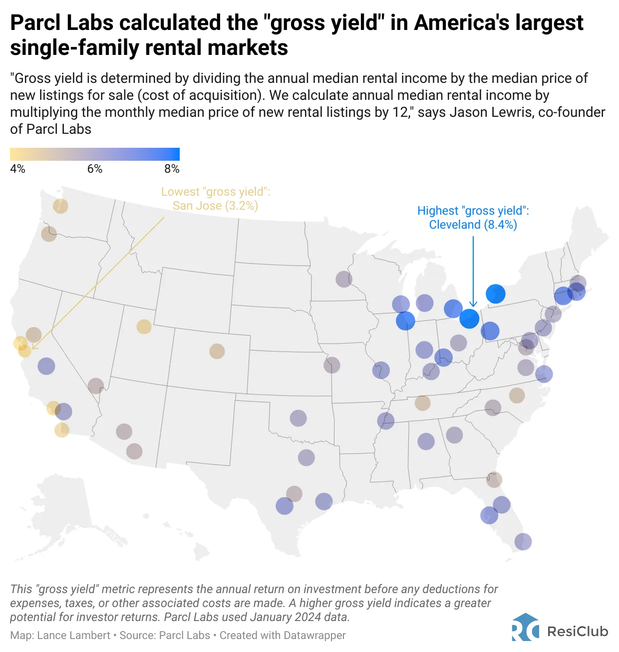 Map of America and cities with the highest and lowest gross rental yields