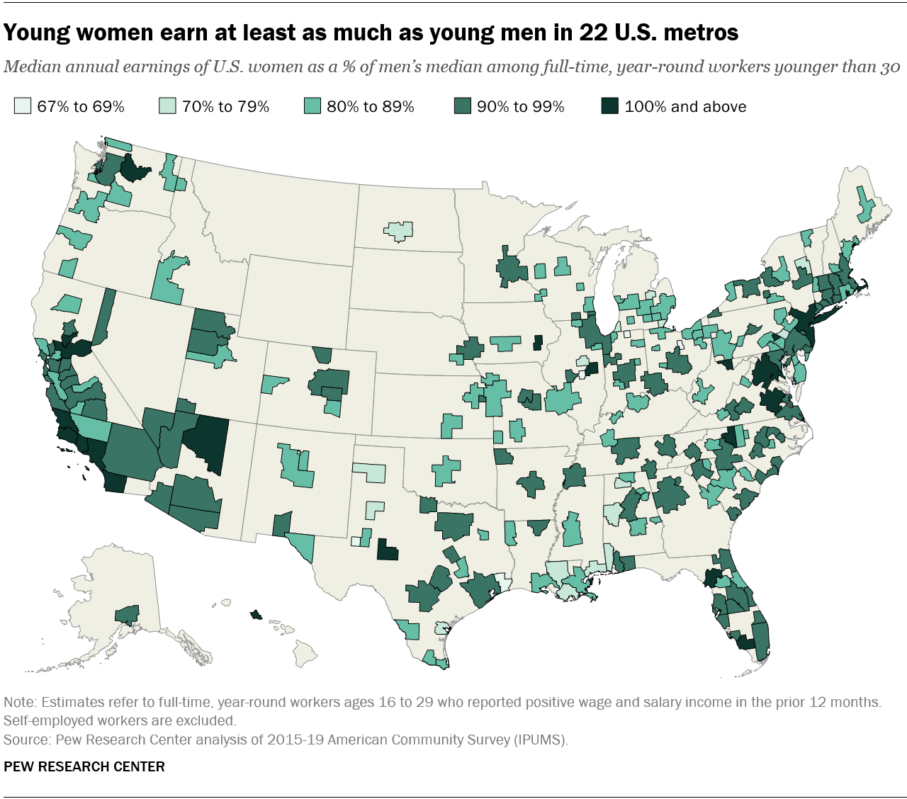 map of U.S. where young women earn as much or more than men