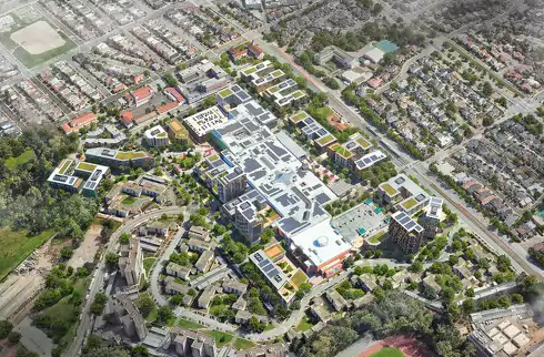 Aerial view of Stonestown Mall expansion, across from Chinese American International School