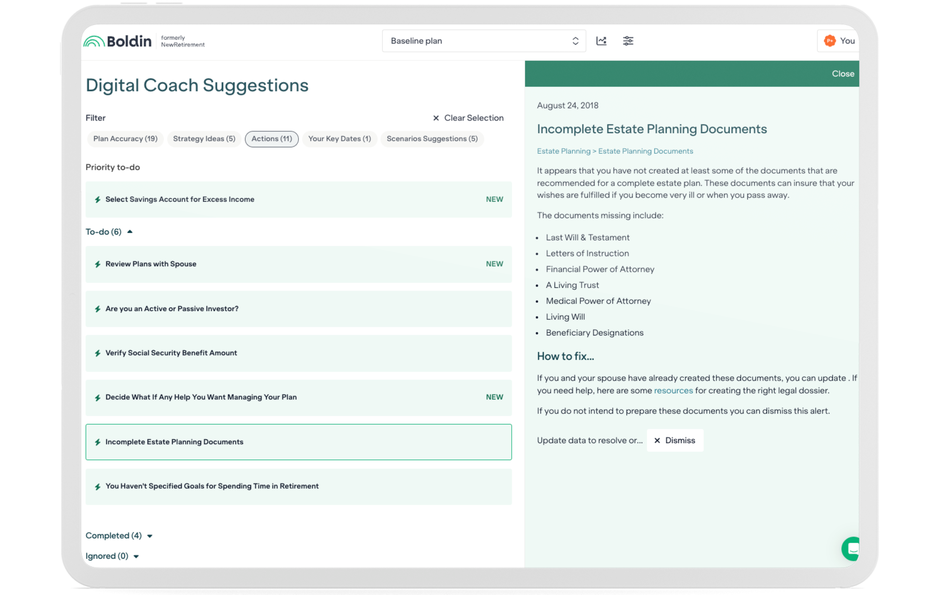 Digital Coach suggestions and financial recommendations by Boldin