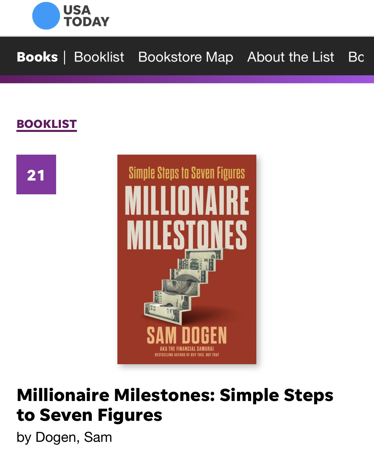 Millionaire Milestones book is a USA TODAY national bestseller