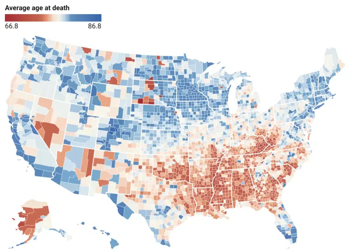 average age at death by state in America - Source: Global Health Data Exchange, Jeremy Ney